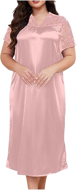 Women Plus Size Lace Mesh Patchwork Short Sleeve Sexy Satin Sleepwear Nightdress V Neck Casual Nightgown Nightshirt
