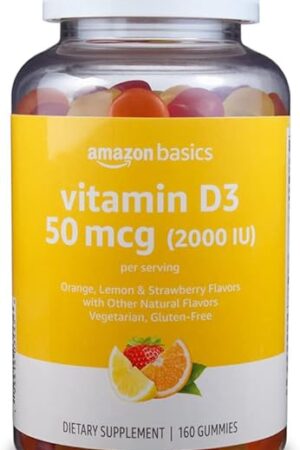 Amazon Basics Vitamin D3 2000 IU Gummies, Orange, Lemon & Strawberry, 160 Count (2 per Serving) (Previously Solimo)