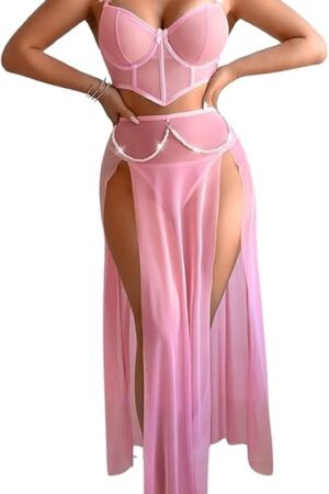High Slit Sexy Lingerie For Women,Sheer Mesh Corset & Pearl Skirt Set,3 Piece Boudoir Outfits Exotic Dancewear