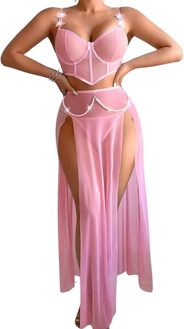 High Slit Sexy Lingerie For Women,Sheer Mesh Corset & Pearl Skirt Set,3 Piece Boudoir Outfits Exotic Dancewear