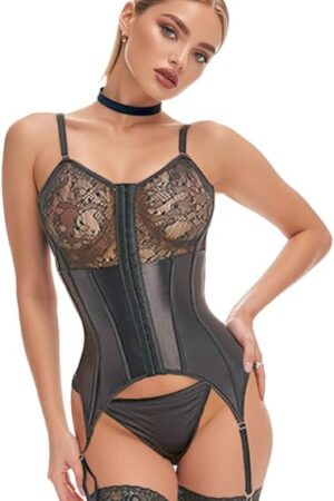 Women Sexy Lingerie Set Lace Lingerie with Garter Belt Adjustable size Bodysuit and Panty Black