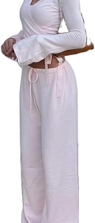 Women 2 Piece Lounge Sets Sexy Deep V Neck Tie Up Wrap Top Pants Pj Set Y2k Matching Pilates Sets Loungewear