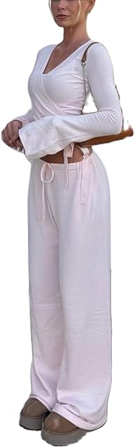 Women 2 Piece Lounge Sets Sexy Deep V Neck Tie Up Wrap Top Pants Pj Set Y2k Matching Pilates Sets Loungewear