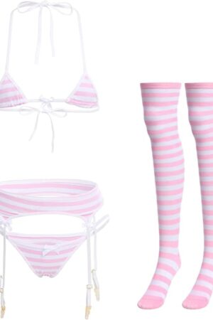 Women Kawaii Anime Lingerie Set Halter Strap Micro Bra Tiny Panty Garter Belt Striped Stockings 4Pcs Underwear Outfit