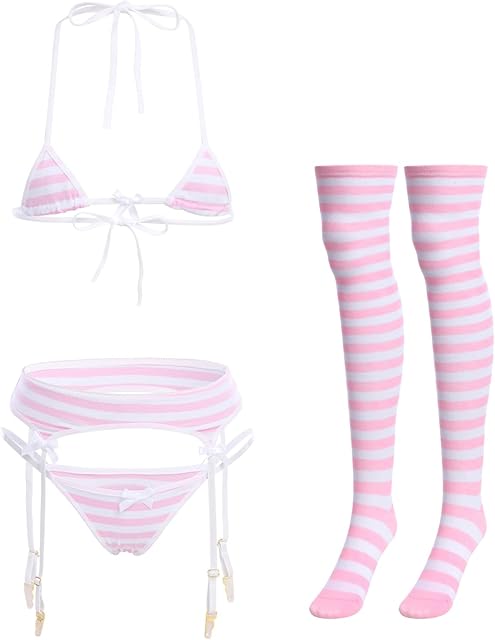 Women Kawaii Anime Lingerie Set Halter Strap Micro Bra Tiny Panty Garter Belt Striped Stockings 4Pcs Underwear Outfit
