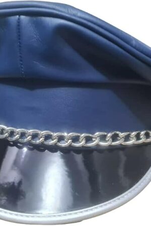 Finest Soft Real Leather Muir Peaked Hat with Chain, Biker Officer Fetish Cap Blue