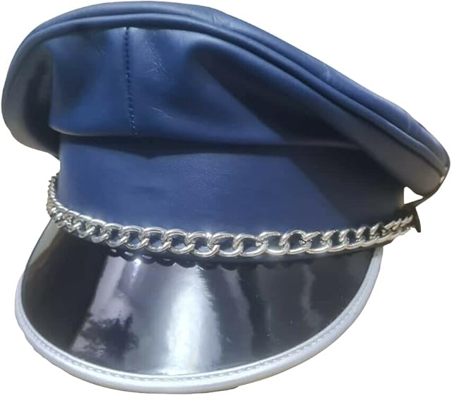 Finest Soft Real Leather Muir Peaked Hat with Chain, Biker Officer Fetish Cap Blue