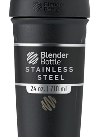 BlenderBottle Strada Shaker Cup Insulated Stainless Steel Water Bottle with Wire Whisk, 24-Ounce, Black