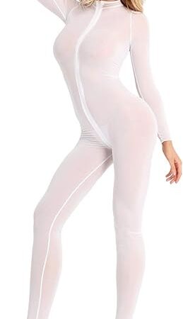 Womens Sexy Sheer Ultra Thin Zipper Crotch Full Body Bodysuit Romper Jumpsuit Bodystockings