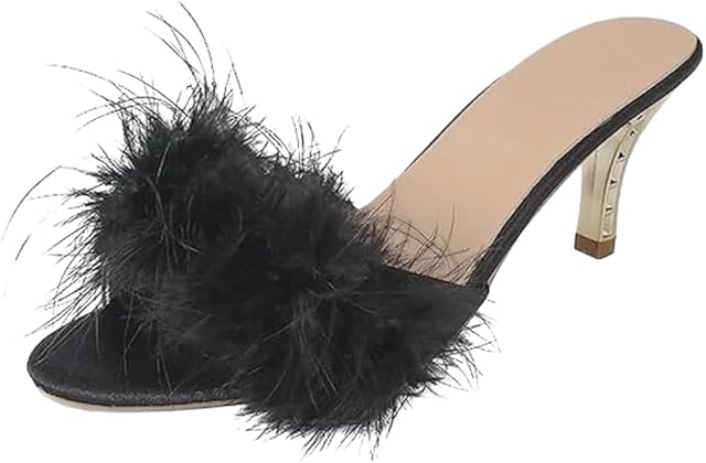 Women Sexy Slipper Cute Fuzzy Heels Furry Kitten Heels for Lingerie Wedding Birthday