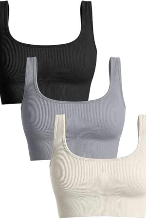 Women's 3 Piece Medium Support Tank Top Ribbed Seamless Removable Cups Workout Exercise Sport Bra