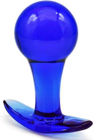 Glass Anal Plug Butt Plug with Curved Based for Comfortable Long Term Wear Blue Prostate Massager Sex Toy with Long Stem for Women Men Masturbation