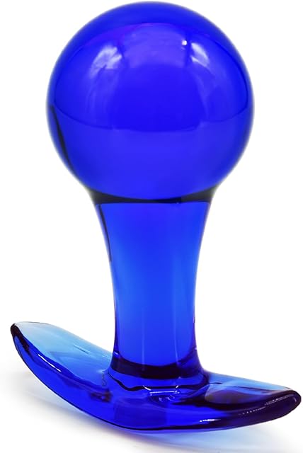 Glass Anal Plug Butt Plug with Curved Based for Comfortable Long Term Wear Blue Prostate Massager Sex Toy with Long Stem for Women Men Masturbation
