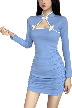 Women's Sexy Open Bust Bodycon Mini Dress Chinese Style Mandarin Collar Hollow Out Modern Cheongsam Qipao Party Dress