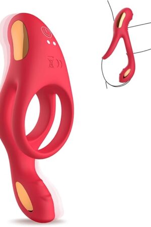 Vibrating Cock Ring with Clitoral Vibrator,10 Vibration Modes Penis Ring for Men, Medical Silicone Waterproof Sex Toys for Adult Couples (Red)