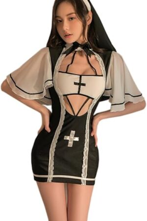 Women Sexy Cosplay Lingerie Nun Costume Anime Devil Slutty Outfit Halloween Goth Dress High Slit