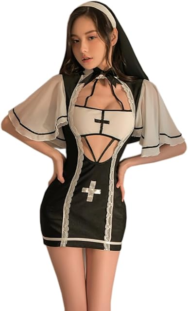 Women Sexy Cosplay Lingerie Nun Costume Anime Devil Slutty Outfit Halloween Goth Dress High Slit