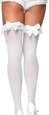 Women's Opaque Thigh High Stockings With Chiffon Ruffle And Satin Bow