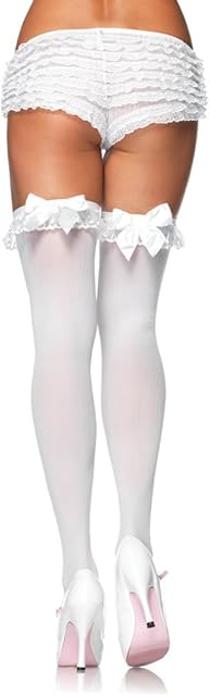 Women's Opaque Thigh High Stockings With Chiffon Ruffle And Satin Bow