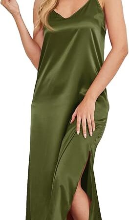 Women's Satin Nightgowns Sexy V Neck Split Long Chemise Lingerie for Ladies Slip Sleepwear Nighties