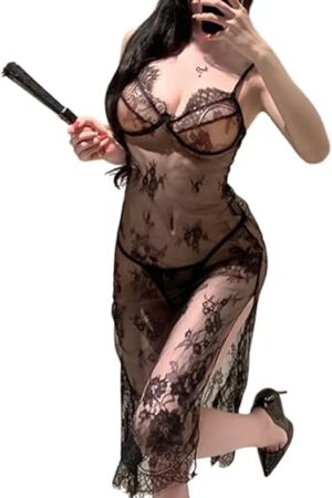 Women's Lace Babydoll Lingerie Dress Sexy High Slit Long Nightgowns Nightdress with Thong See Though Sleepwear