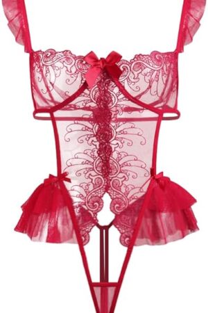 Women Lace Bodysuit Half Cup One Piece Teddy Sexy Strappy Ruffle Lingerie High Cut Floral Babydoll Outfit Nightwear Top