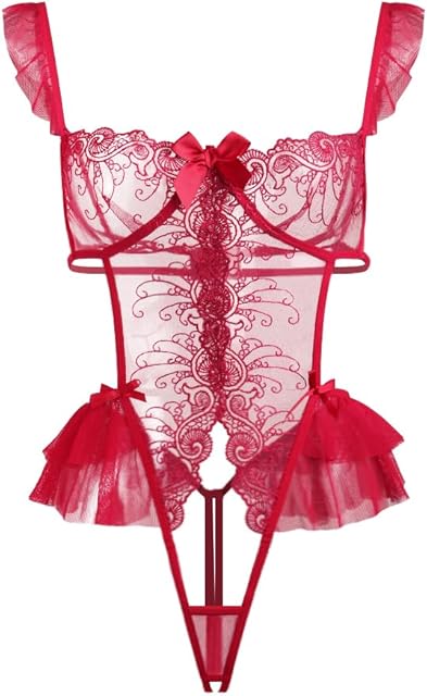 Women Lace Bodysuit Half Cup One Piece Teddy Sexy Strappy Ruffle Lingerie High Cut Floral Babydoll Outfit Nightwear Top