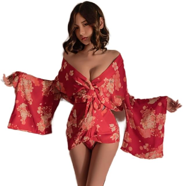 Women's Sexy Kimono Lingerie Set Printed Strap Girdle Anime Geisha Nightdress Yukata