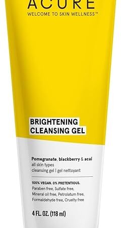 Acure Brightening Cleansing Gel - Vegan Cleanser for Radiant Skin - Pomegranate, Blackberry & Acai Infused - Antioxidant-Rich Gentle Formula for All Skin Types - 4 Fl Oz