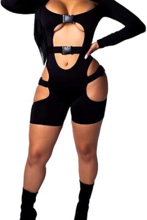 Women's Bodycon Bag Buckle High Neck Long Sleeves Sexy Hollow Out Rompers Jumpsuits Clubwear