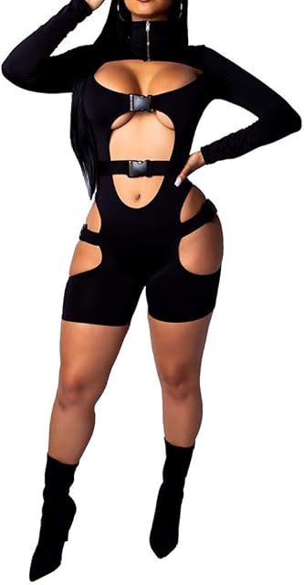 Women's Bodycon Bag Buckle High Neck Long Sleeves Sexy Hollow Out Rompers Jumpsuits Clubwear