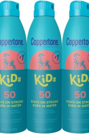 Coppertone Kids Sunscreen Spray SPF 50, Water Resistant Spray Sunscreen for Kids, Free From Oxybenzone, Octinoxate, PABA and Dyes, Pediatrician Recommended Sunblock, 55 Oz Can, Pack of 3