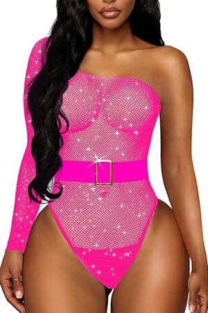 Women's Lingerie Sexy Fishnet Bodysuit 2 Piece Sparkle Rhinestone Gift a Belt