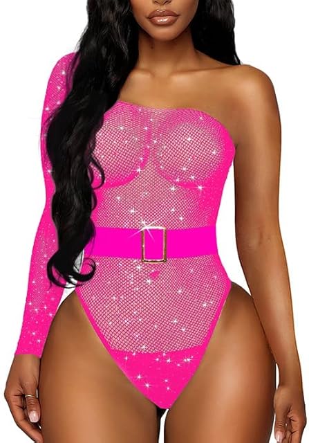 Women's Lingerie Sexy Fishnet Bodysuit 2 Piece Sparkle Rhinestone Gift a Belt