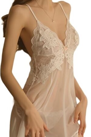 Women Transparent Tulle Lace Trim Sleepwear Cross Strap Teddy V Neck Lingerie Set With G-String