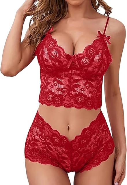 Women Babydoll Lingerie Set Chrismas 3 Piece Sexy Bow Lace Underwear Set Naughty Bra Briefs Lace Teddy Nightwear