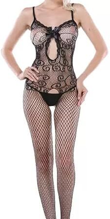 Women's sexy Lace Elastic Bodysuit with bow tie, Fishnet Hollow Out One-piece Socks, Hollow Fishnet Bodystocking Lingerie, for play and Holiday Party, One Piece, Black