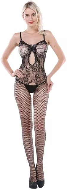 Women's sexy Lace Elastic Bodysuit with bow tie, Fishnet Hollow Out One-piece Socks, Hollow Fishnet Bodystocking Lingerie, for play and Holiday Party, One Piece, Black