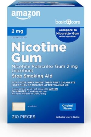 Amazon Basic Care Uncoated Nicotine Polacrilex Gum 2 mg, Original Flavor, Stop Smoking Aid, 310 Count
