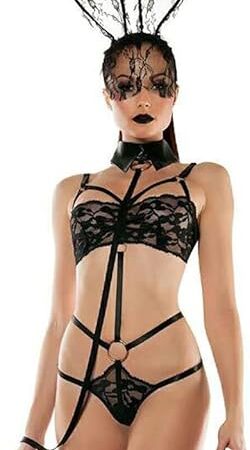 ESTELLEF Women's Sexy Roleplay Bunny Costume Playsuit Set Lingerie Set with Lace Rabbit Ears Mask Headband Accessory (Size : Small)