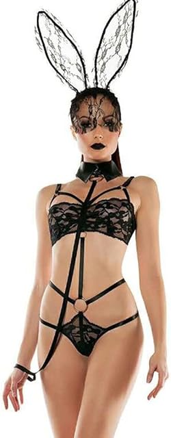 ESTELLEF Women's Sexy Roleplay Bunny Costume Playsuit Set Lingerie Set with Lace Rabbit Ears Mask Headband Accessory (Size : Small)