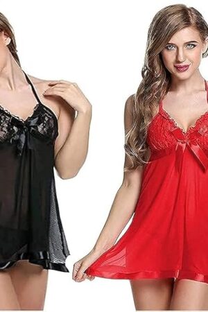 Combo Offer! Pack of 2 Baby Doll Nightwear Robe/Kimono Lingerie/Negligee/Sleep Dress & Bra Panty Hot & Sexy for Honeymoon/First Night/Anniversary |for Women/Ladies/Girls with Panty RED Black