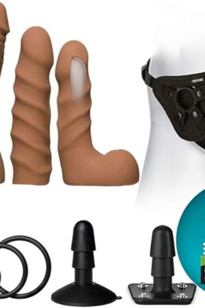 Doc Johnson Vac-U-Lock - Dual Density ULTRASKYN Starter Set - 3 Smaller Dildos, Supreme Harness, VUL Suction Cup, Toy Cleaner, Mood Water-Based Lube - for Adults Only, Caramel