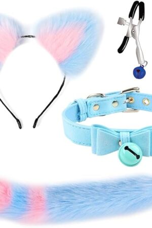 Fox Tail Anal Plug Butt Plugs with Fox Ears Headband, Neck Collar, Nipple Clamps 4Pcs/Set Sex Toys for Women Man Beginners
