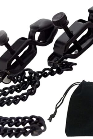 Black Nipple Clamp with Long Chain Breast Clip Adjustable Barbell Nipple Non Piercing Jewelry Nipple Noose Faux Nipple Ring for Ladies Men