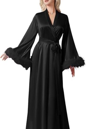 Women's Feather Bridal Robe Long Satin Nightgown Old Hollywood Maternity Photoshoot robes for women Lingerie Bathrobe