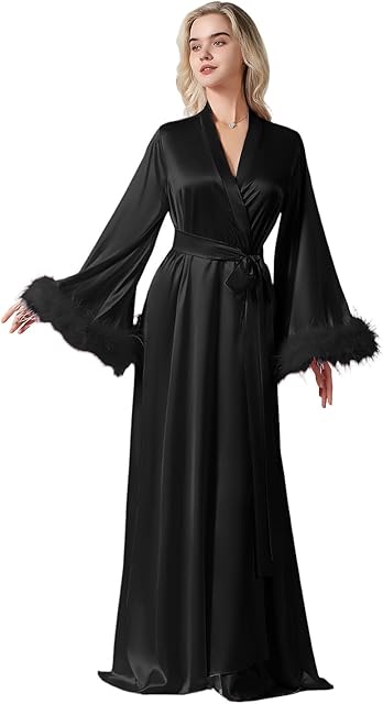 Women's Feather Bridal Robe Long Satin Nightgown Old Hollywood Maternity Photoshoot robes for women Lingerie Bathrobe