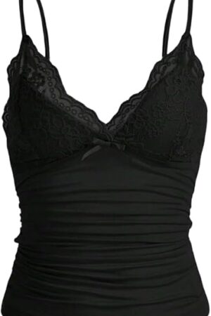 Women Y2k Lace Trim Cami Top Spaghetti Strap Fairy Grunge Tank Top V Neck Ruched Bow Lace Patchwork Cami Shirt