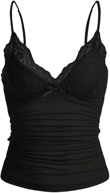Women Y2k Lace Trim Cami Top Spaghetti Strap Fairy Grunge Tank Top V Neck Ruched Bow Lace Patchwork Cami Shirt