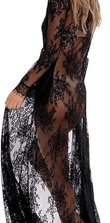 Womens Flowy lace cover up Beach Blouse Bikini Cover ups Long Embroidered Lace Kimonos Cardigan Lingerie Boudoir Outfits Women Sexy Long Lace Dress Sheer Gown with Half Sleeves 7121(38JM Black)